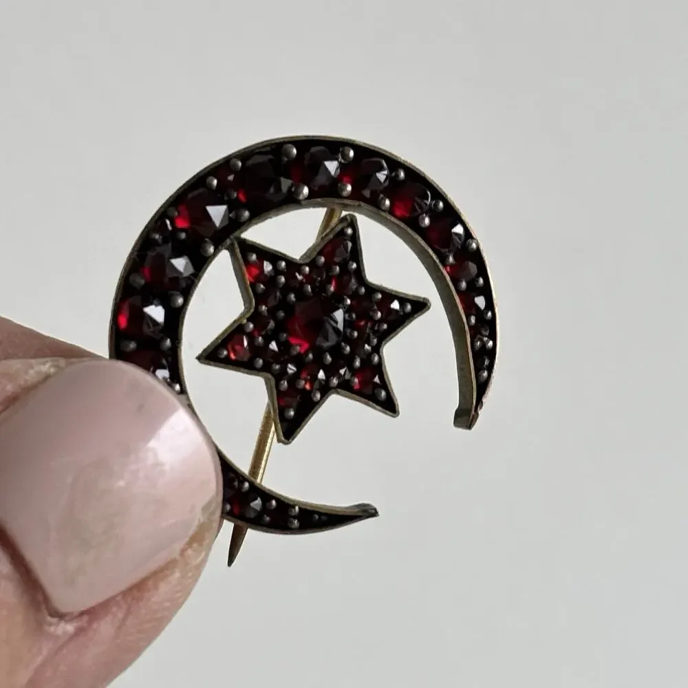 Antique Bohemian Garnet Brooch With Crescent Moon And Star Sun Motif Celestial